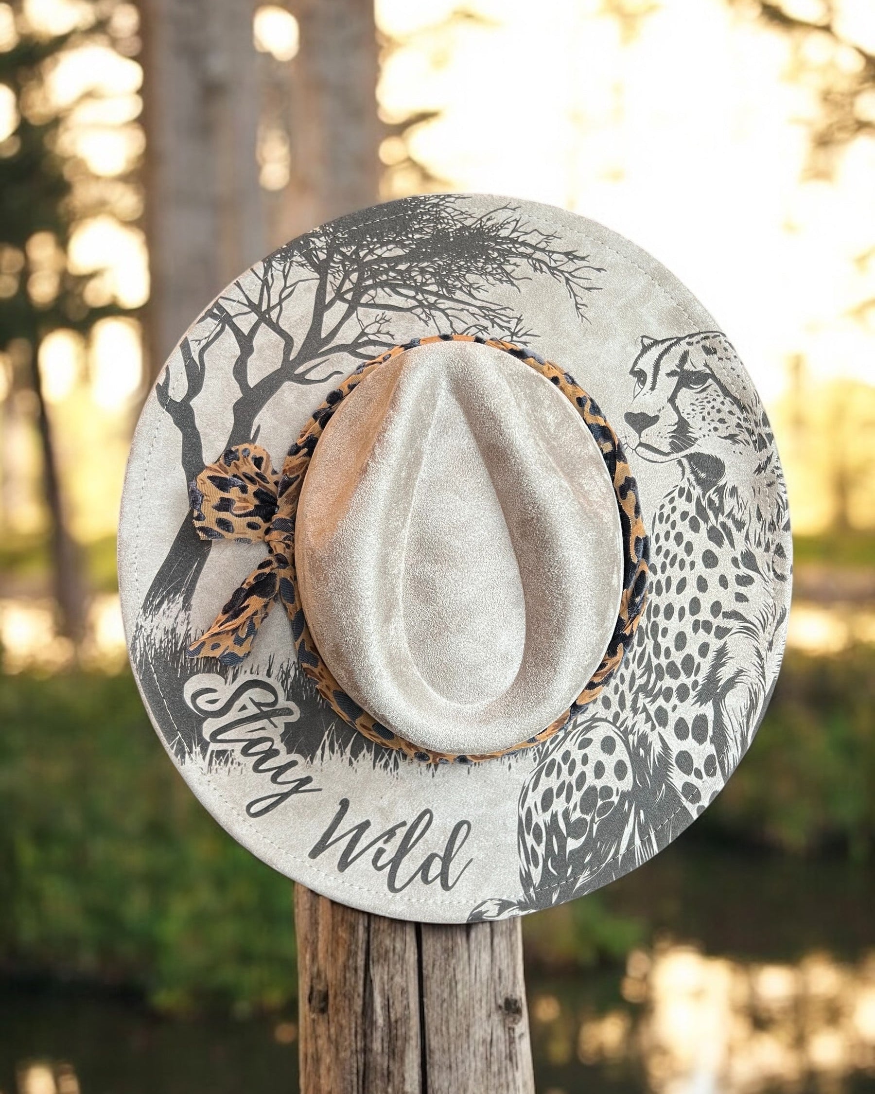Wide brim hat- Cheetah, Stay Wild – This Little Light Laser Designs