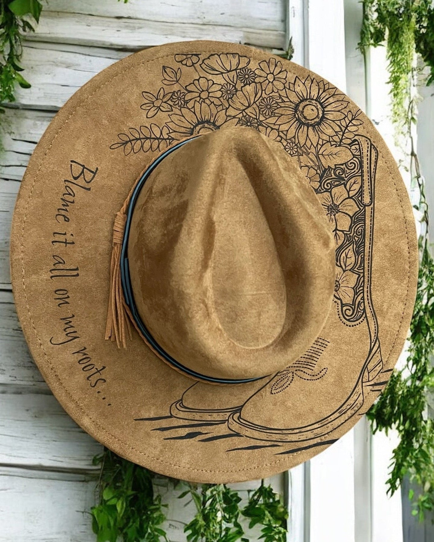 Wide brim hat- Blame It All On My Roots with Turquoise boot