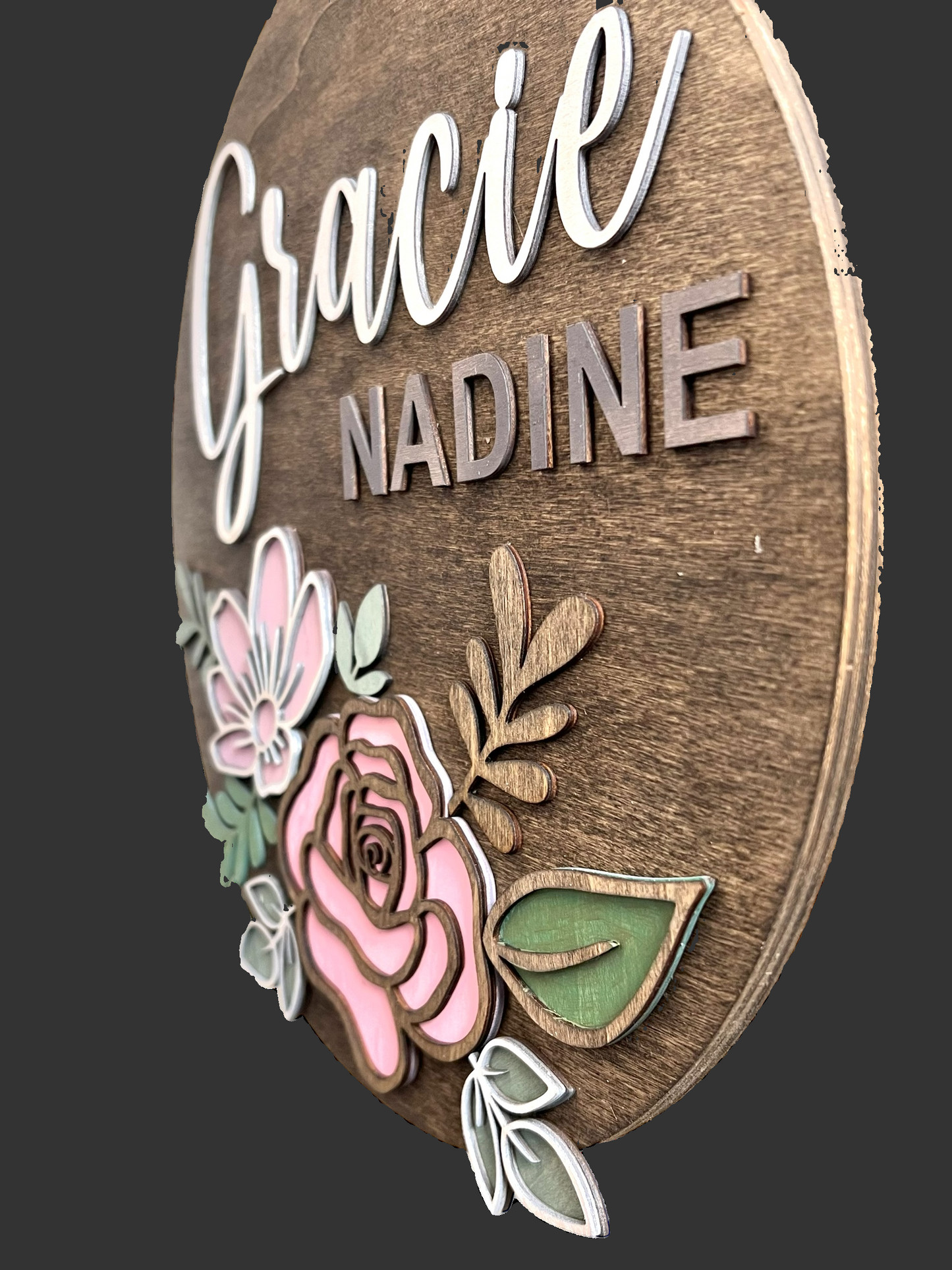 Wooden plaque with floral designs and custom text