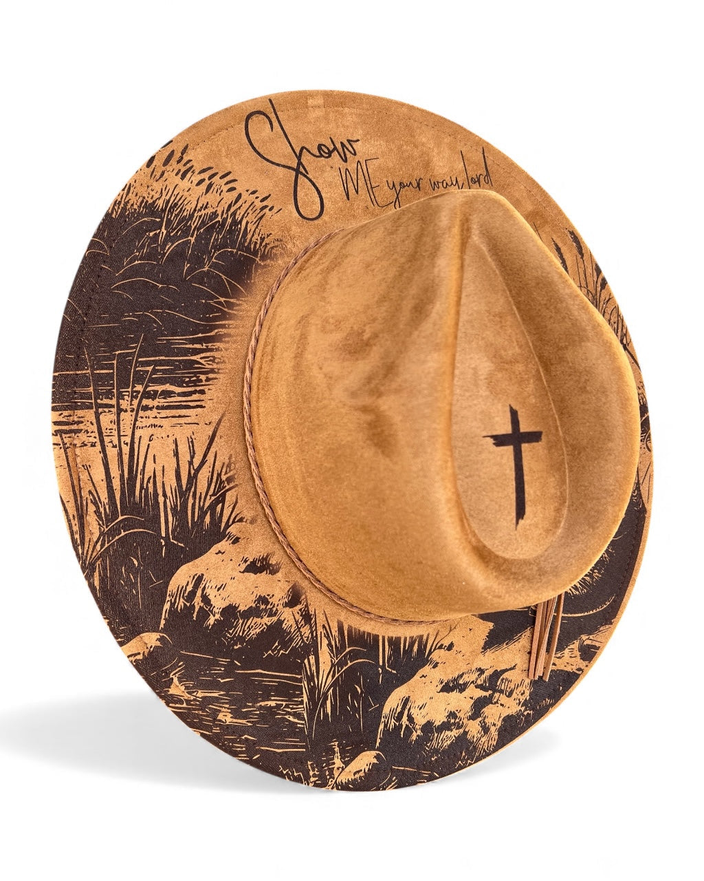 Wide brim hat with boot and cross