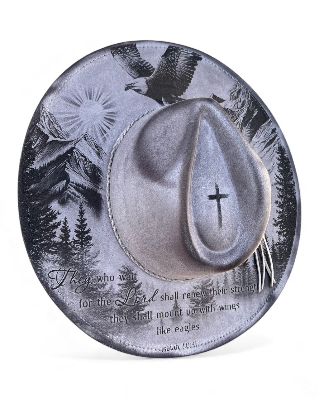 Wide brim hat with eagle and scripture