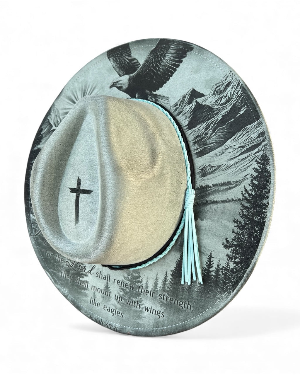 Wide brim hat with eagle design and scripture