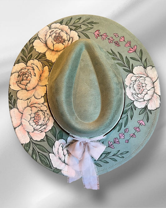 Wide brim hat with laser engraved and hand-painted floral design