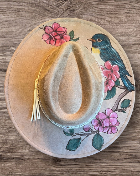 Hand Painted Bluebird on branch with pink florals