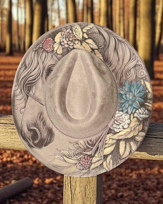 Wide brim hat with horse and hand-painted floral design