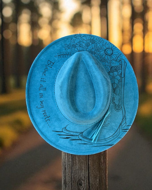 Wide brim hat with boots and flowers