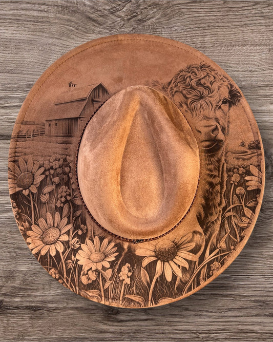 Wide brim hat with barn and calf