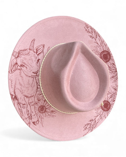 Wide brim hat with baby goat and sunflowers