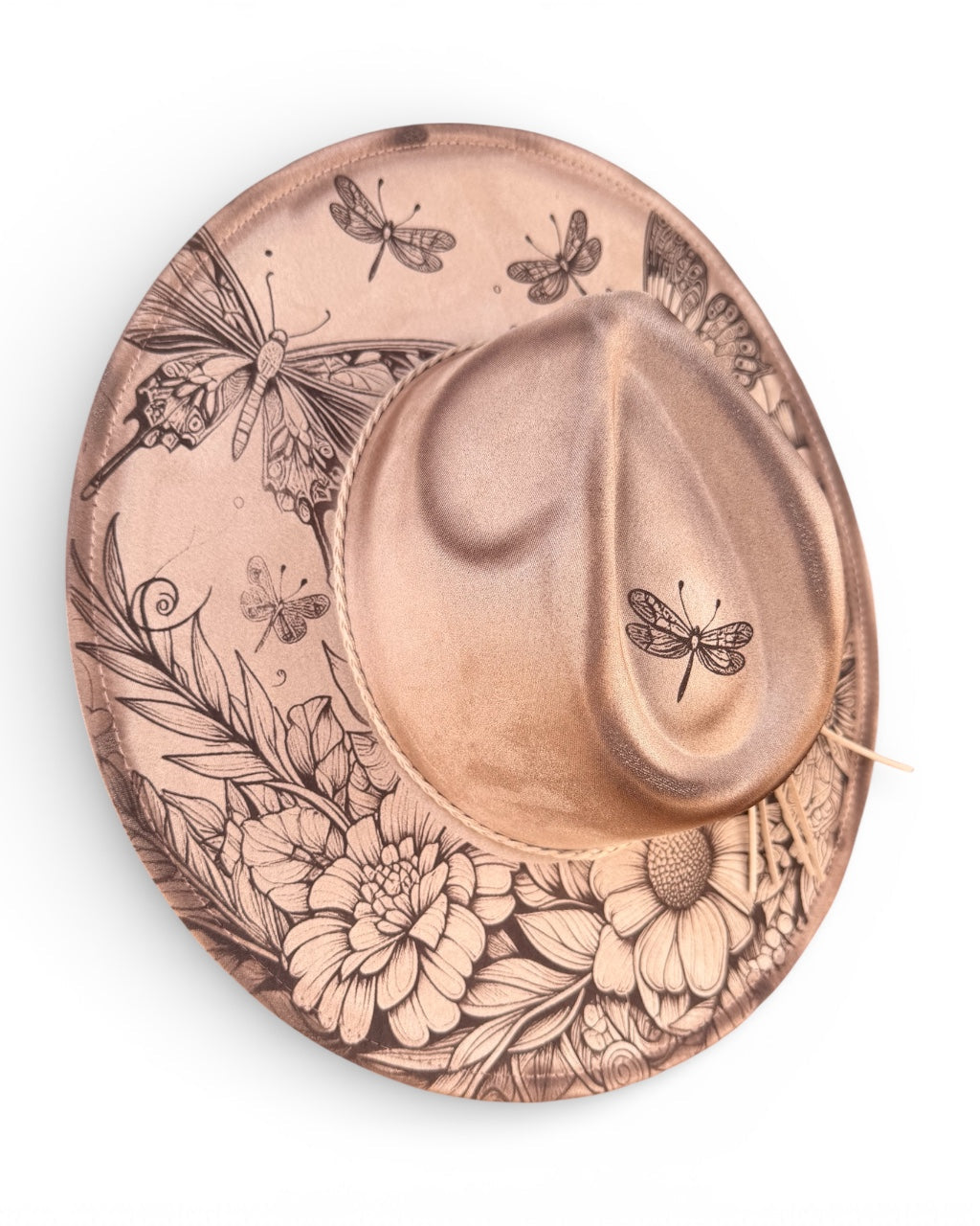 Decorative hat with a cowboy hat design featuring butterflies and flowers on a white background