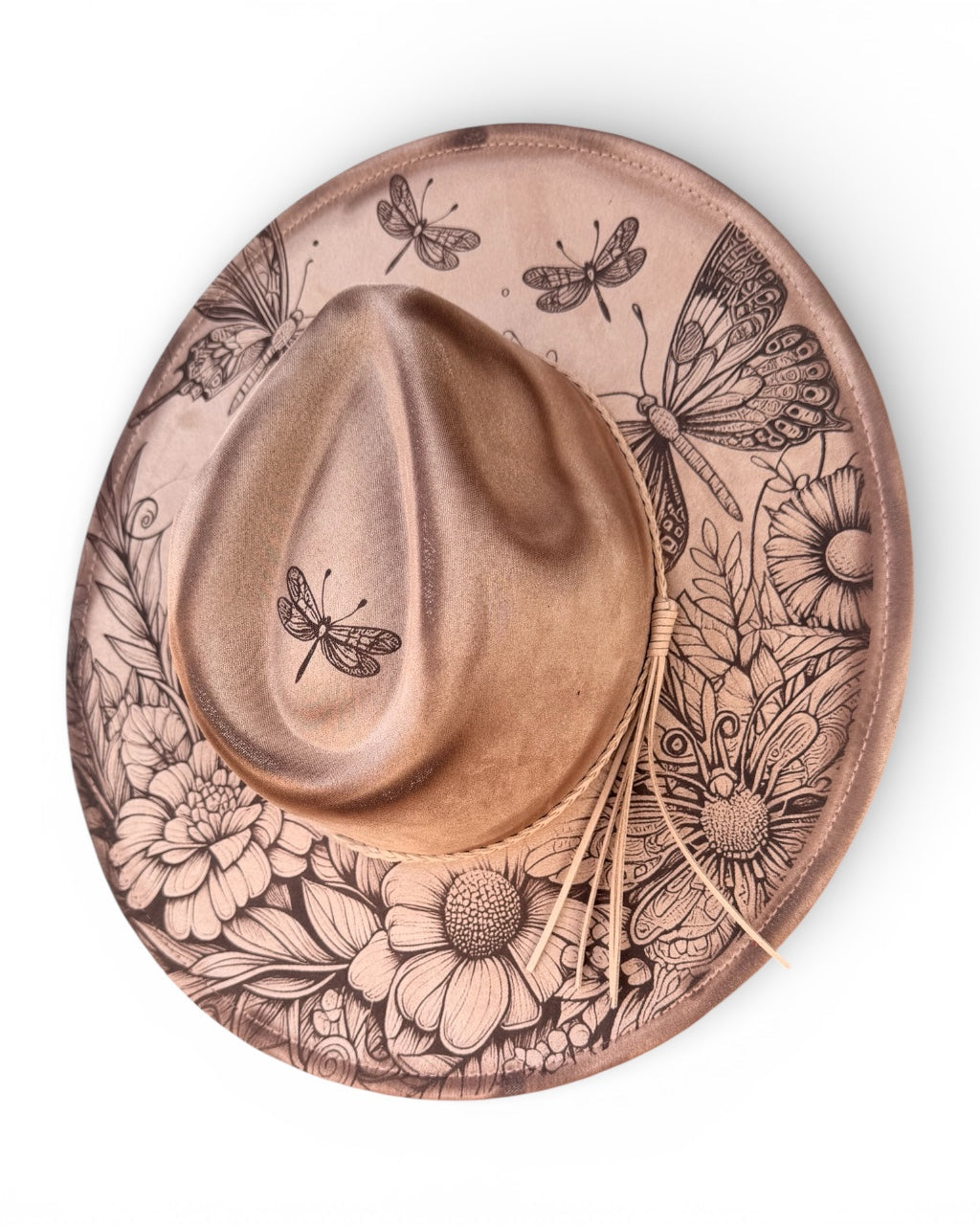 Decorative hat with a cowboy hat design featuring butterflies and flowers on a white background