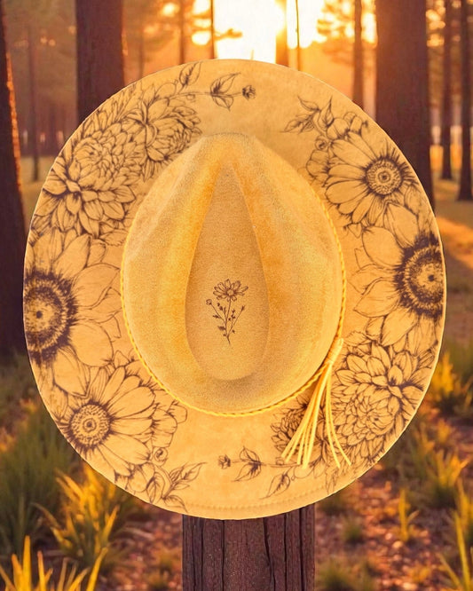 Floral-patterned  hat on a wooden post with a sunset forest background