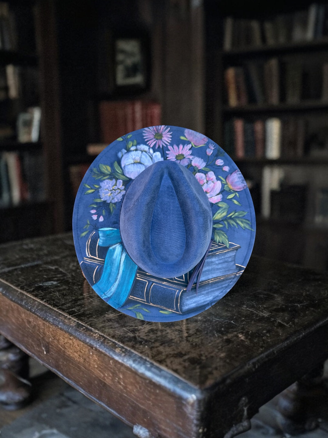 Hand Painted Vintage Books & Flowers- Navy