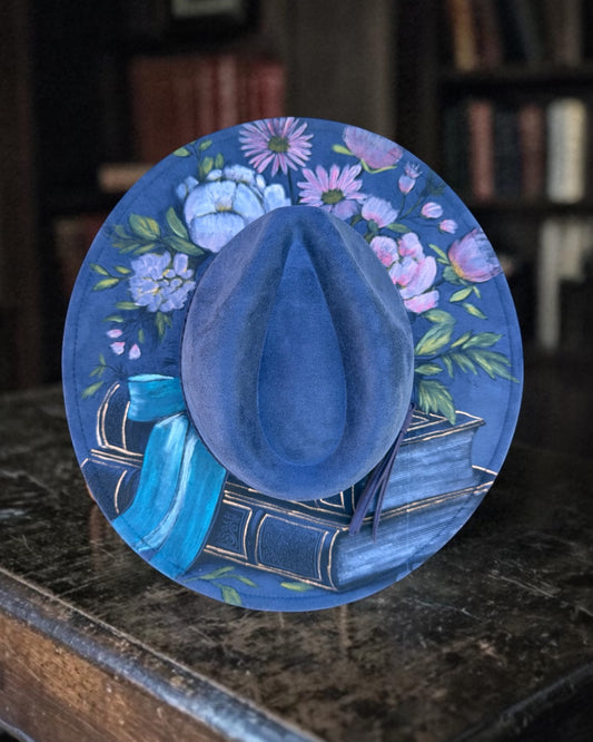 Hand Painted Vintage Books & Flowers- Navy