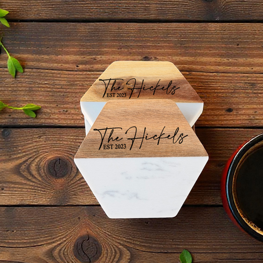 Hexagon acacia/white marble set of 4 coasters